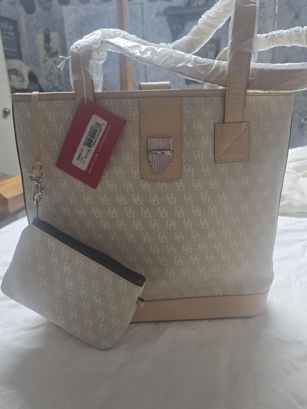 Dooney & Bourke Beige Logo Tote with Removable Pouch